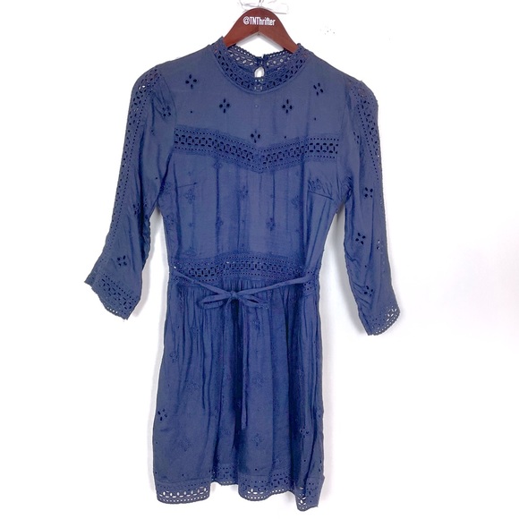 Abercrombie and Fitch Women’s Navy Eyelet High Neck Mini Dress Small 90s Summer - Picture 1 of 12
